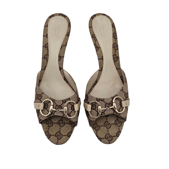 Gucci GG Logo Monogram Canvas Horsebit Mule Heel Size 9.5 Beige Brown Silver - Picture 2 of 9